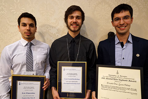 Undergraduate students Eric Elmoznino, Liam MacKichan and Ernesto Díaz Lozano Patiño were honoured by alumni for their leadership and commitment to the U of T Engineering community and beyond. (Photo: George Hatiras)