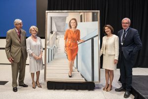 From left: Dean Emeritus Michael Charles, U of T Chancellor Rose Patten, Dean Cristina Amon and Professor Ron Venter unveil a portrait of Amon by artist Joanne Tod. The portrait will be displayed in the foyer of the Myhal Centre. (credit: Lisa Sakulensky)