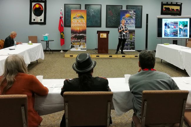 Professor Jennifer Drake (CivMin) presents to Indigenous leaders from across Ontario at the Sioux Lookout Innovation Station. The event is part of the Reconciliation Through Engineering Initiative, a collaboration between Indigenous communities and U of T Engineering’s Centre for Global Engineering (CGEN). (Photo: Shakya Sur)