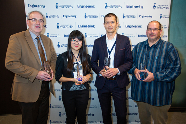 From left to right: Darin Graham, LG Toronto AI Lab, Summer Xia, Drone Delivery Canada, Stas Dogel, Hitachi High-Technologies Canada, and Jamey Adams, City of Barrie. (Photo: Paul Terefenko)