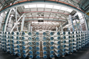 A picture of reverse osmosis membrane arrays at the Groundwater Replenishment System building in California.