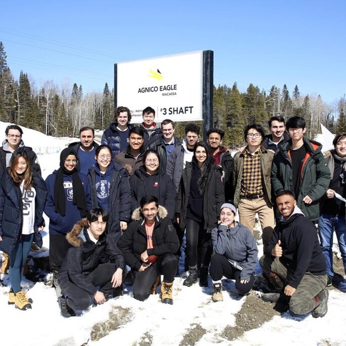 A group photo from a tour of Agnico Eagle’s Macassa Mine at Kirkland Lake, Ontario on Friday, March 24, 2023. The tour of Lassonde Mineral Engineering Students from the Department of Civil &amp; Mineral Engineering at the University of Toronto saw visits to three sites - mine shaft, portal and mill. 
(Photo by Phill Snel / Department of Civil &amp; Mineral Engineering, University of Toronto)