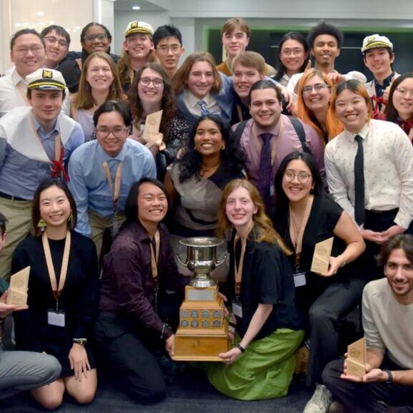 The U of T Concrete Toboggan Team with their trophies at the GNCTR gala in Montreal on Sunday, January 26, 2025. (Photo by Aidan Solala)