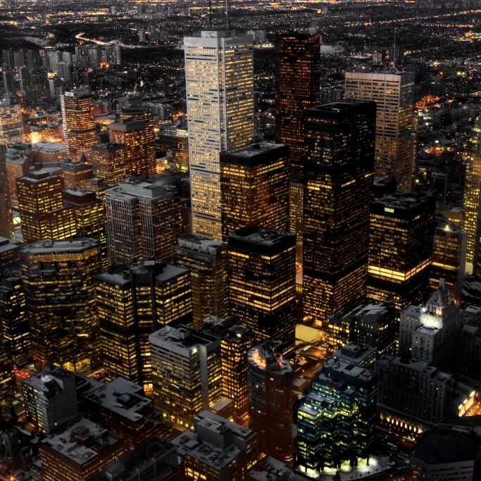 An aerial view of Toronto, Canada at night