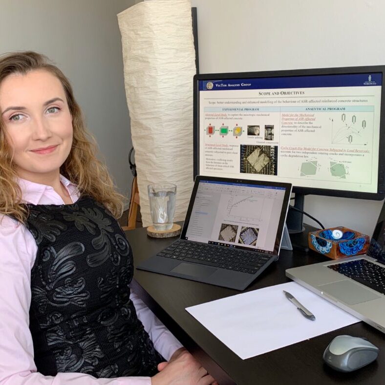 Anca Ferche (CivE PhD 2T0) at her home office where she took the Department's first all-digital Final Oral Exam (FOE) on March 26, 2020.