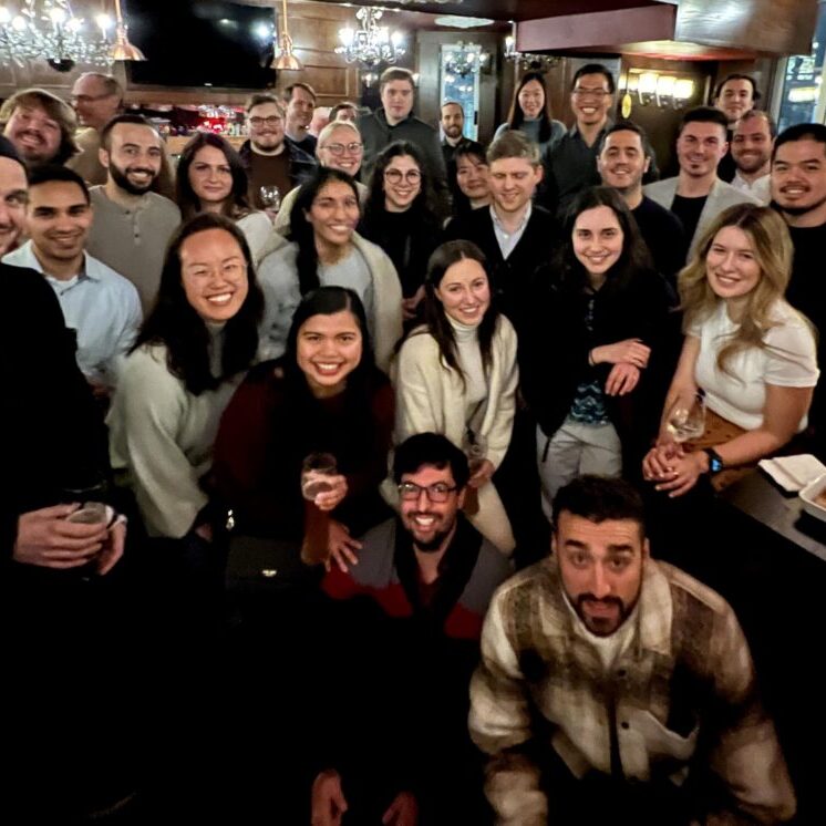 The CivMin Class of 1T5 gathers for a group photo at their reunion event held Friday, February 3, 2023 at the Prenup Pub in Toronto. (Photo by Phill Snel, CivMin/U of T)