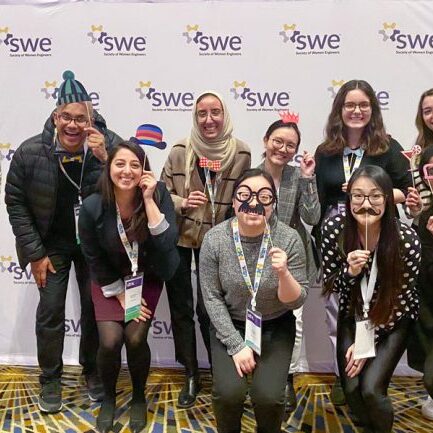 Graduate students from U of T Engineering, along with conference speakers, at the Society of Women Engineers (SWE) WE Local conference, held February 17–18 in Detroit, Mich. (Photo: Sharon Ferguson)