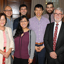 Generations of Engineering Society presidents reconnected at the Engineering Society Heritage and Awards Celebration. L-R: Bill Hollings (EngSci 8T5), Márta Ecsedi (CivE 7T6), Kevin Sui (EngSci 1T1), Teresa Nguyen (CivE 1T5), Ernesto Díaz Lozano Patiño (Year 4 CivE + PEY), David Cheung (CivE 1T1 + PEY), Milan Maljković (Year 4 CompE + PEY), Scott Jolliffe (ChemE 7T3) and Howard Malone (CivE 6T1). (Photo: Keenan Dixon)