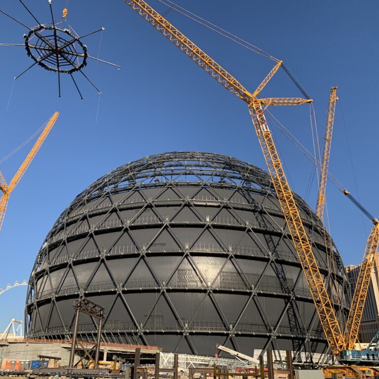 The top of the MSG Sphere is lifted into place in Las Vegas. The Madison Square Garden Entertainment Corp. project, including collaboration with Cast Connex, is the world's largest sphere. (Courtesy Cast Connex)