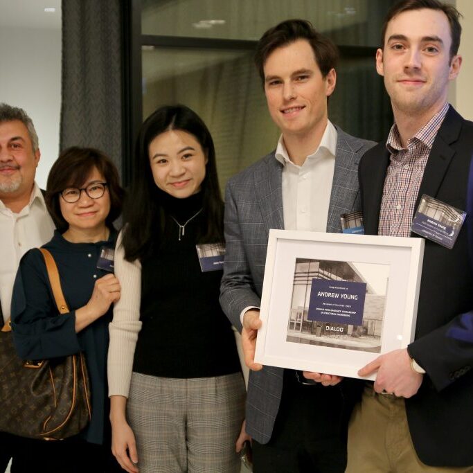 Andrew Young (CivE MASc candidate), at right, receives from Dialog the 2019-2020 Donald Tong Graduate Scholarship in Structural Engineering at a ceremony in Toronto on Tuesday, January 28, 2020. In the photo with Young are (L to R): Daria Khachi, Principal at Dialog; Sui Wa Chan (Aster), wife of Donald Tong; Jane Tong, daughter of Donald Tong;
and Cameron Ritchie, Associate at Dialog. The scholarship was established in partnership with the University of Toronto to strengthen an already great relationship between DIALOG’s structural engineering team and the University’s engineering students and faculty. 
Photo: DIALOG
