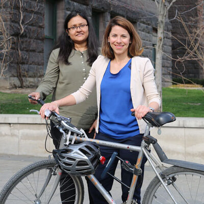 Civil engineering post-doctoral researcher Sabreena Anowar and Professor Marianne Hatzopoulou (CivE) are studying the risks of air pollution on cyclists and their impact on route choice. (Photo: Tyler Irving)
