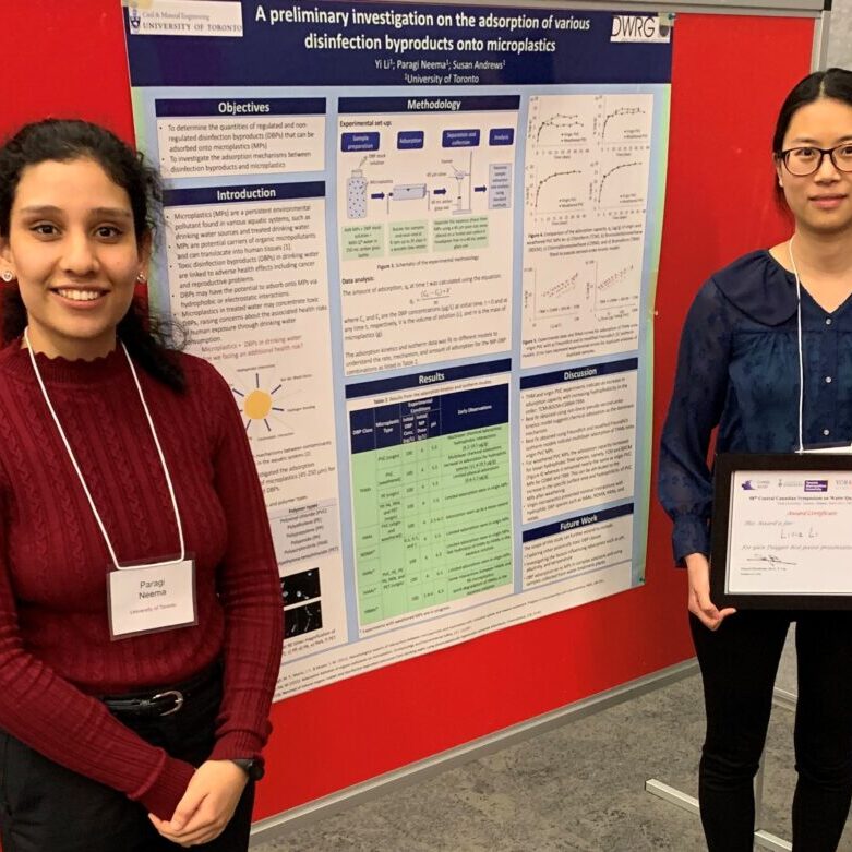 Paragi Neema (CivE MASc candidate) and Livia Li (CivMin PhD candidate), both under the supervision of Prof. Susan Andrews, won first place for their poster “A preliminary investigation on the adsorption of various disinfection byproducts onto microplastics”. (Photo supplied)