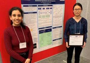 Paragi Neema (CivE MASc candidate) and Livia Li (CivMin PhD candidate), both under the supervision of Prof. Susan Andrews, won first place for their poster “A preliminary investigation on the adsorption of various disinfection byproducts onto microplastics”. (Photo supplied)