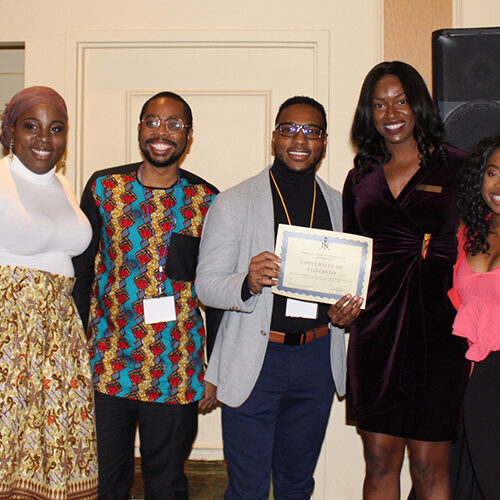 The National Society of Black Engineers (NSBE) U of T Chapter receives Chapter of the Month honours for September at the NSBE Fall Region 1 Conference. From left: Rukayat Balogun, NSBE Region 1 Chair; Mikhail Burke, Dean’s Advisor on Black Inclusivity Initiatives and Student Inclusion & Transition Mentor; Shane Arnold (CivMin MEng); Portia Deterville (ChemE Year 4 + PEY), NSBE East Canada Zone Chair and Joy Aso, Membership Chairperson for NSBE Region 1. (Photo courtesy of Mikhail Burke)