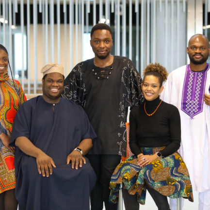 Members of NSBE Graduate Student Chapter at the University of Toronto showcase clothing from their cultural backgrounds. From left to right, back row: Osarugue Ize-Iyamu (Year 4 MIE); NSBE Grad’s executive secretary, Caleb Okechukwu (MIE MEng student); vice president, Bethel Unwan (MIE MEng student); front row: treasurer, Reke Ferdinand Avikpe (BME PhD candidate); and internal advisor, Dimpho Radebe (ChemE PhD candidate). (photo by Safa Jinje)