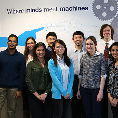 Alumna Marisa Sterling (far right), faculty and members of the Ontario Professional Engineers Foundation for Education pose with undergraduate scholarship recipients in the Bahen Centre for Information Technology. (Photo: Jamie Hunter)