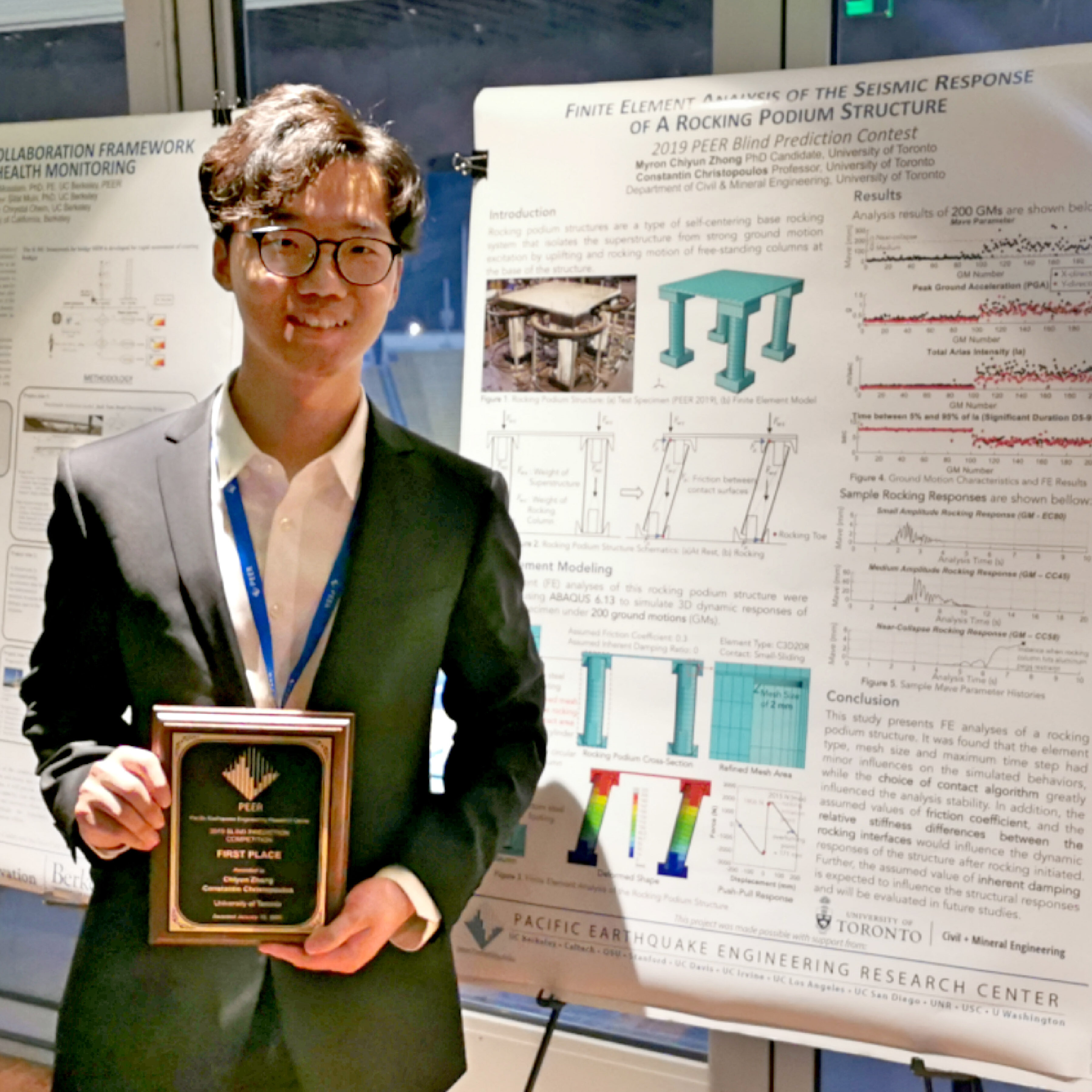 Myron Chiyun Zhong, a CivE PhD candidate, holds the award for the Pacific Earthquake Engineering Research (PEER) Center's Blind Prediction Contest after a ceremony at the University of California, Berkeley the evening of Thursday, January 16 2020. Zhang, along with supervisor Prof. Constantin Christopoulos, submitted the most accurate prediction for an earthquake model based on shake table results. PHOTO: Courtesy Myron Chiyun Zhong