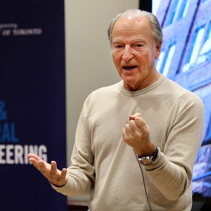 Pierre Lassonde, O.C. urges student to “carpe diem”while giving an address Tuesday, November 18, 2025 at U of T. (Photo by Phill Snel / CivMin, University of Toronto)