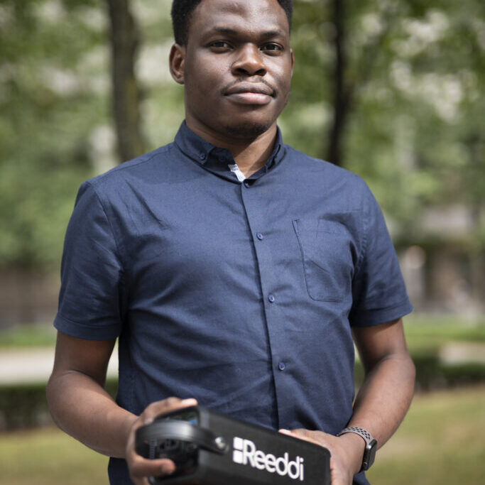 TORONTO, CANADA — AUGUST 31st 2021: Olugbenga Olubanjo, the founder and CEO of Reeddi, has developed a portable power system, called the Reeddi Capsule, to bring affordable electricity to areas not served by conventional power grids. Olubanjo has been shortlisted for Olugbenga Olubanjo (CivE MASc 1T9), Founder and CEO of Reeddi Inc with a Reeddi Energy Capusule. (Ian Willms / Panos Pictures)