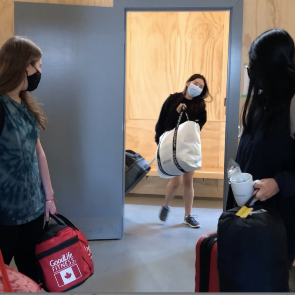 The first students to arrive in the new HCAT Bunkhouse on Saturday, August 14, 2021 explore their room. (Photo by Phill Snel / CivMin)