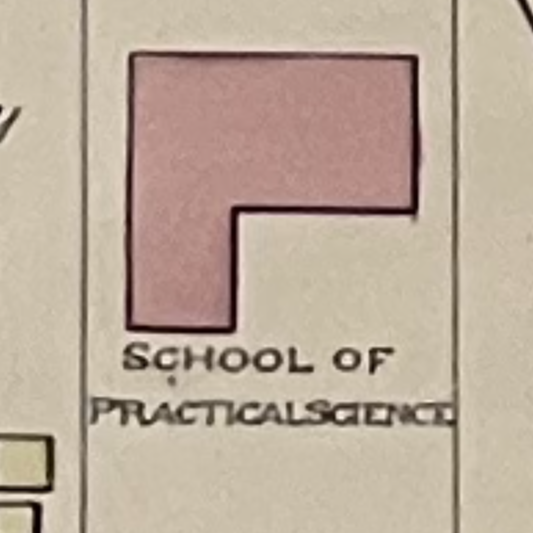 A detail of a map showing the location of the School of Practical Science on the U of T campus.