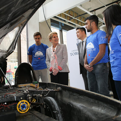 Premier Kathleen Wynne with members of U of T Engineering’s Blue Sky Solar Racing team. (Photo: Roberta Baker)