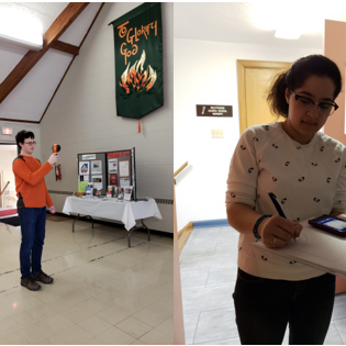 During the energy audit at AHPC, Noah Cassidy (left) recorded window temperature with a thermal imaging camera while Niloufar Ghaffari (right) recorded lux readings for lighting retrofits.