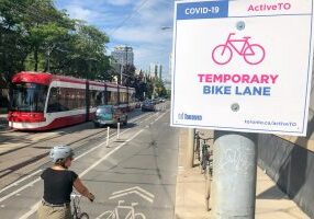  study by U of T Engineering researchers found Toronto's temporary cycling infrastructure increased low-stress road access to jobs and food stores by between 10 and 20 per cent, and access to parks by 6.3 per cent (photo by Dylan Passmore)